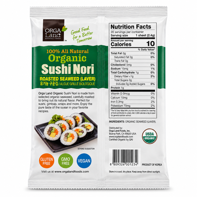 Orga Land Organic Sushi Nori Roasted Seaweed, 20 Sheets, 1.69 oz (48 g)