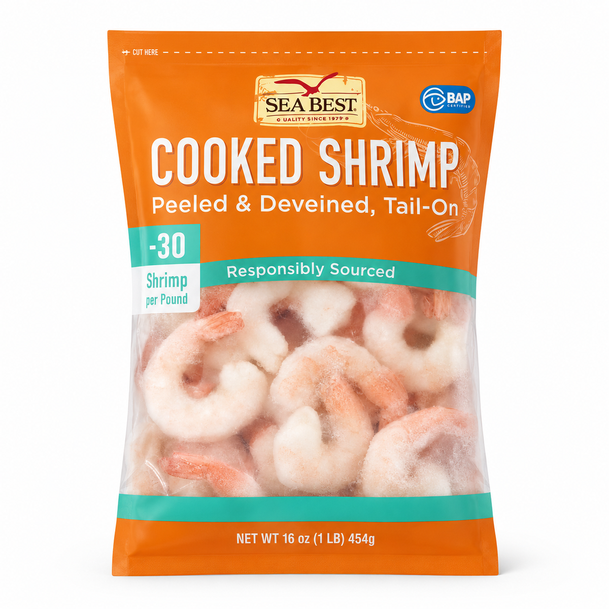 Sea Best Cooked Shrimp Peeled & Deveined Tail-On 16 oz (454 g)