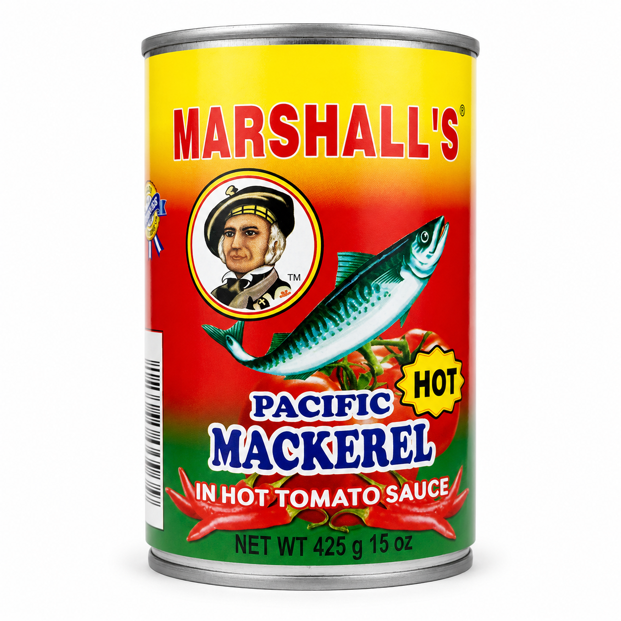 Marshall's Pacific Mackerel in Hot Tomato Sauce 15 oz product package on a white background