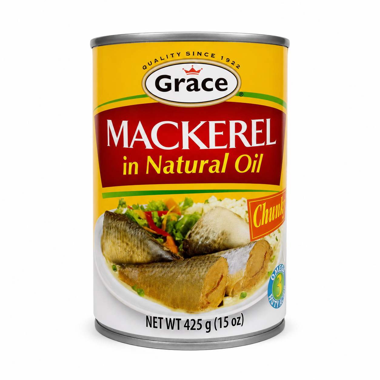 Grace Mackerel in Natural Oil 15 oz product package on a white background