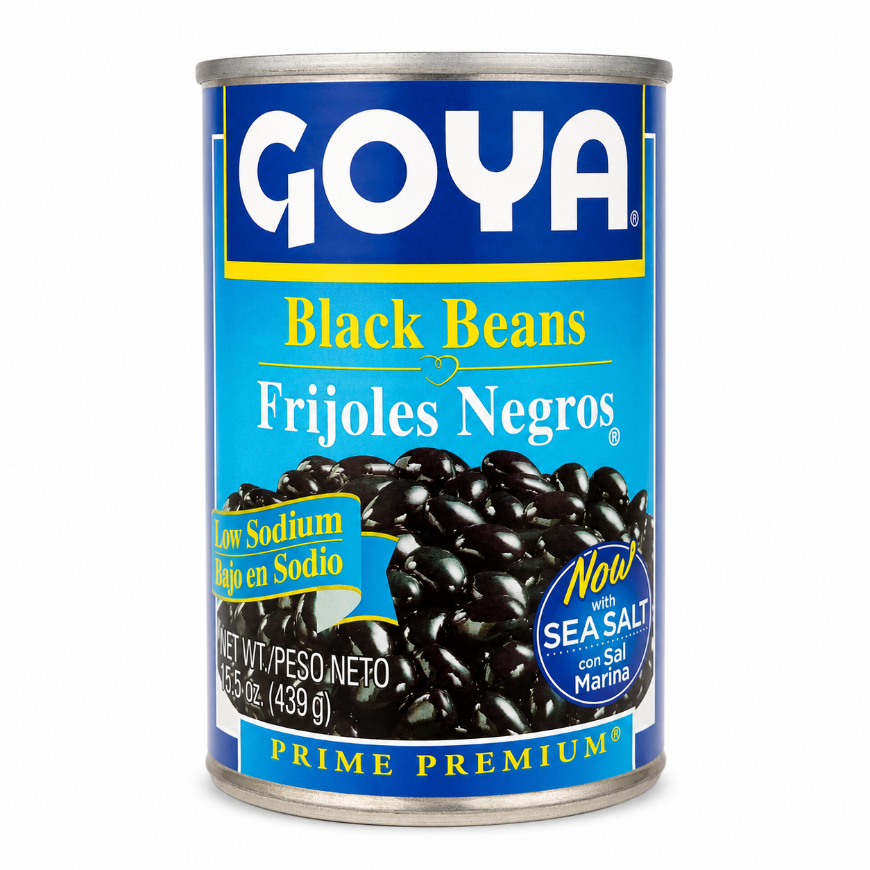 Goya Low Sodium Black Beans 15.5 oz product package on a white background