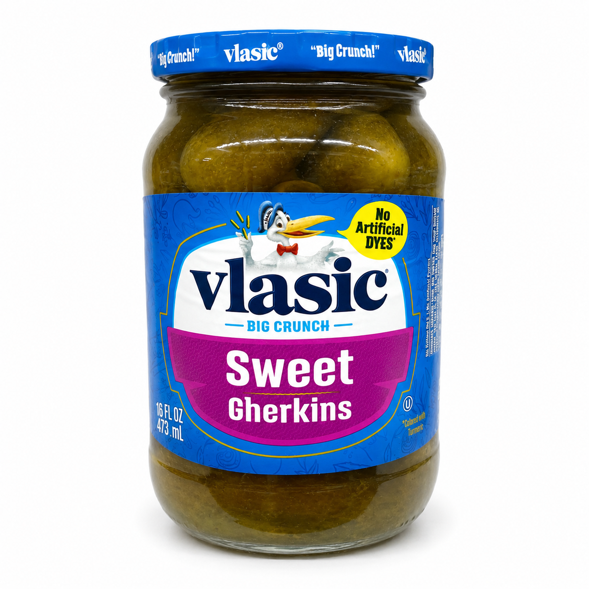 Vlasic Big Crunch Sweet Gherkins 16 oz product package on a white background