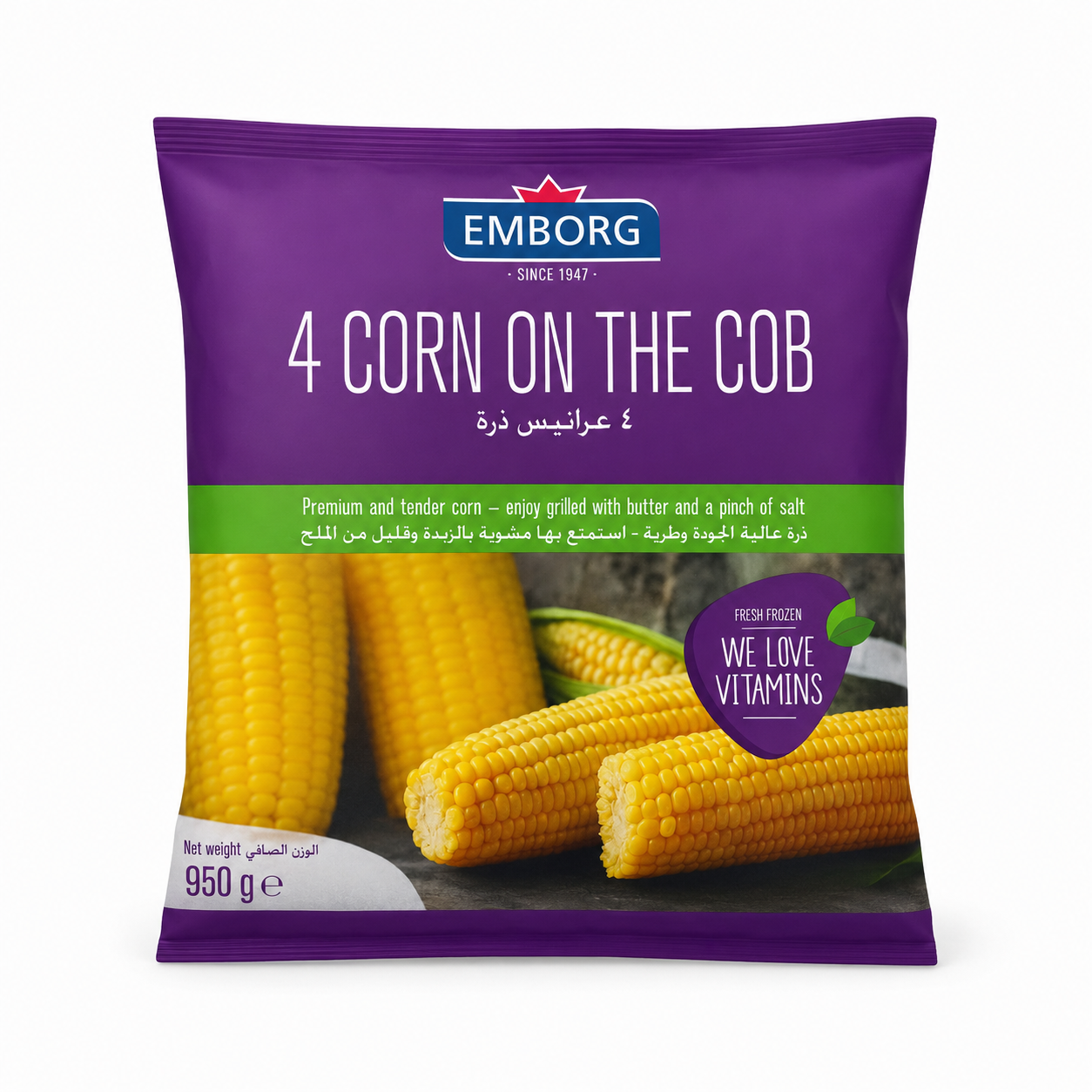 Emborg 4 Corn on the Cob 950g product package on white background