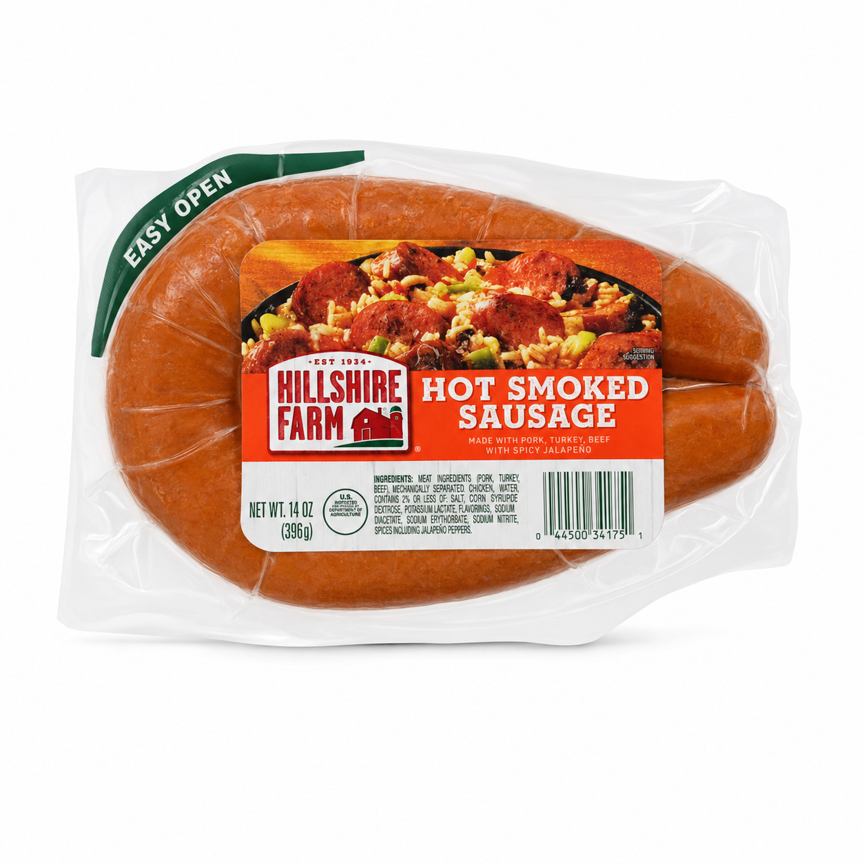 Hillshire Farm Hot Smoked Sausage 14 oz product package on white background