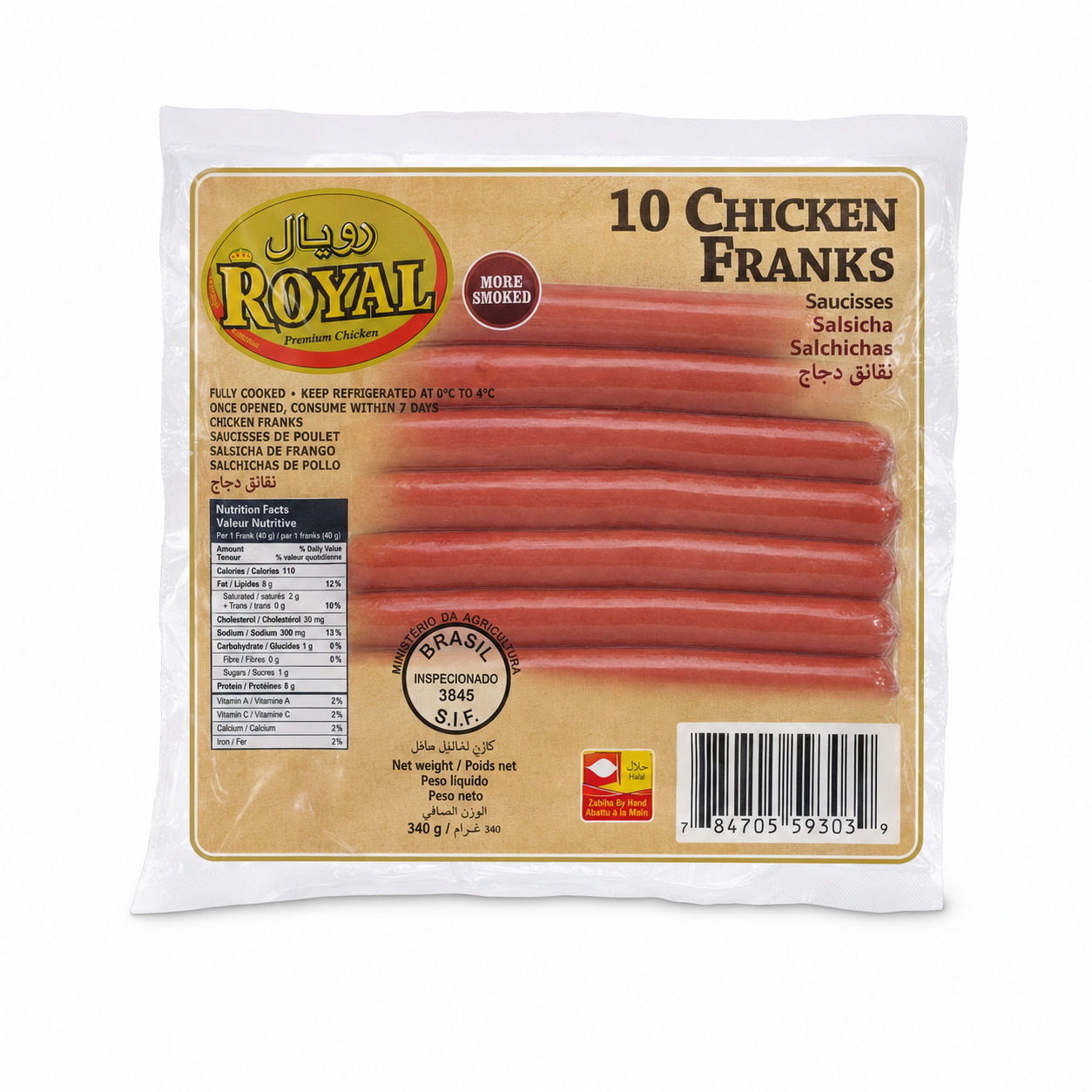 Royal Chicken Franks 10 Count 340g product package on white background