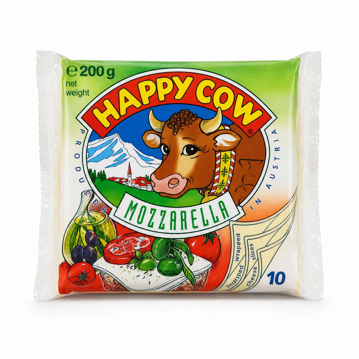 Happy Cow Mozzarella Cheese Slices 10 Count 200g product package on white background