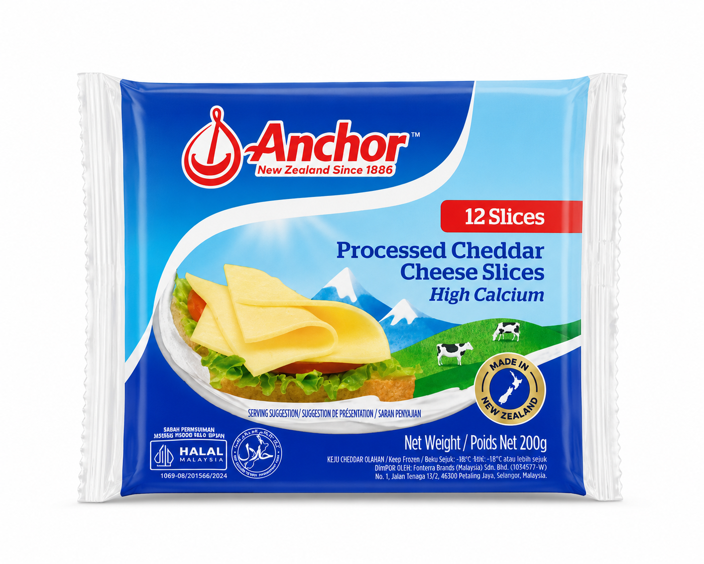 Anchor Processed Cheddar Cheese Slices 12 Slices 200g product package on white background