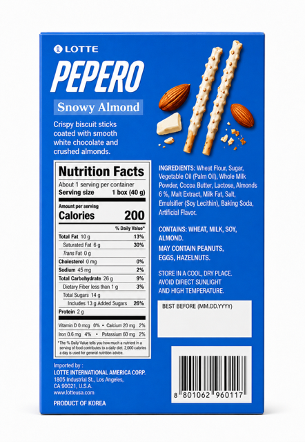 Lotte Pepero Snowy Almond Biscuit Sticks, 1.41 oz (40 g)