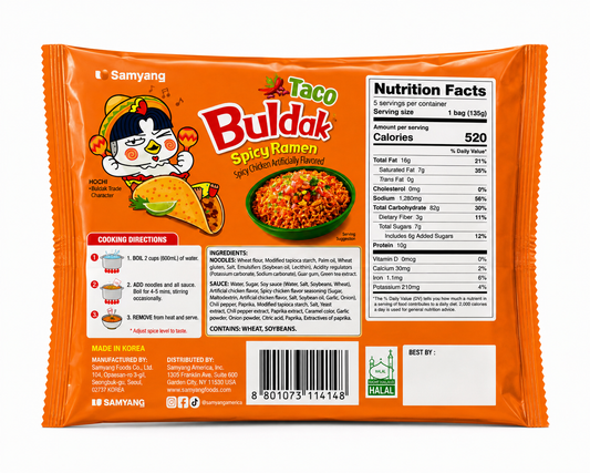 Samyang Buldak Taco Spicy Ramen, 5 Pack, 23.8 oz (675 g)