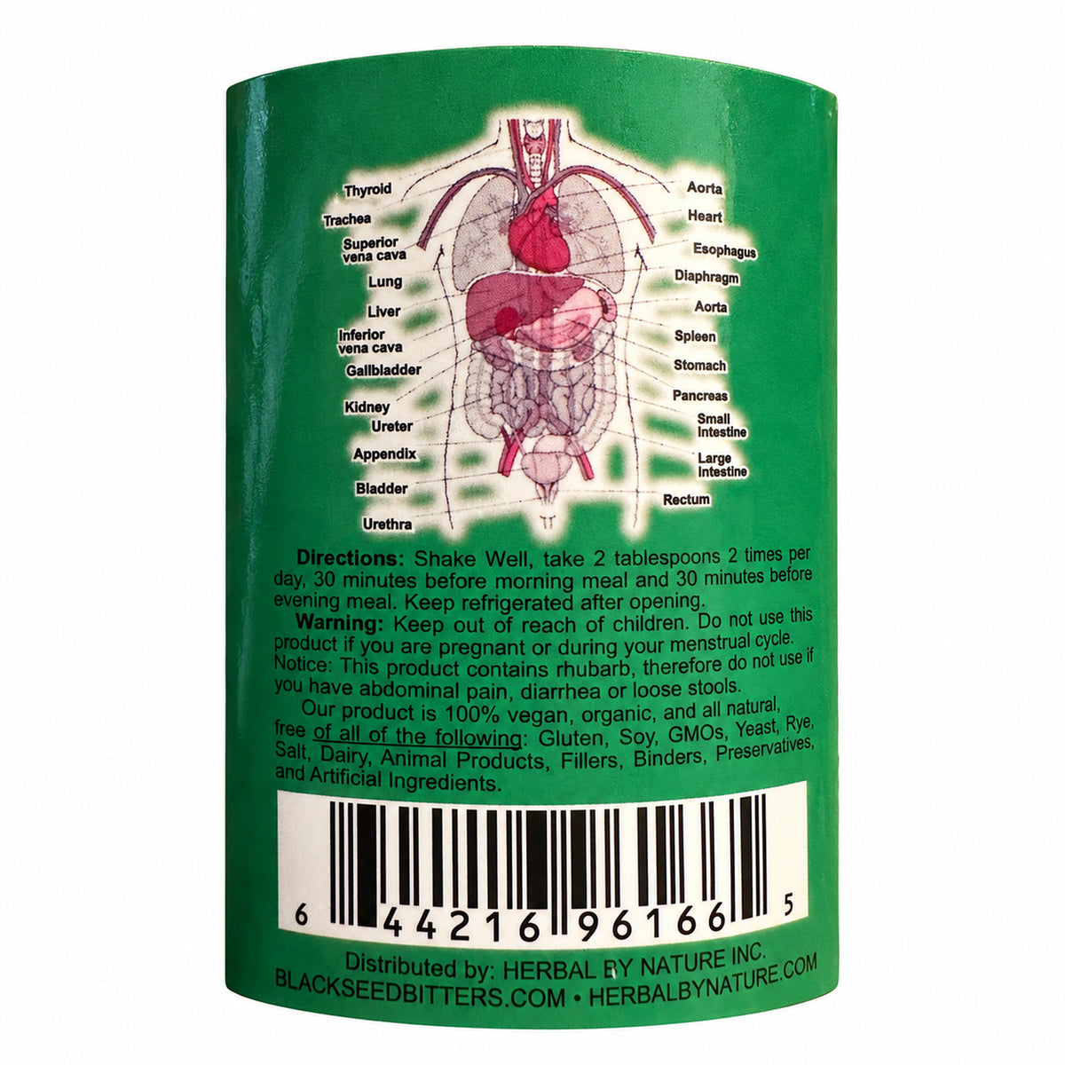 Organic Black Seed Detox Bitters directions, warnings and UPC label detail on white