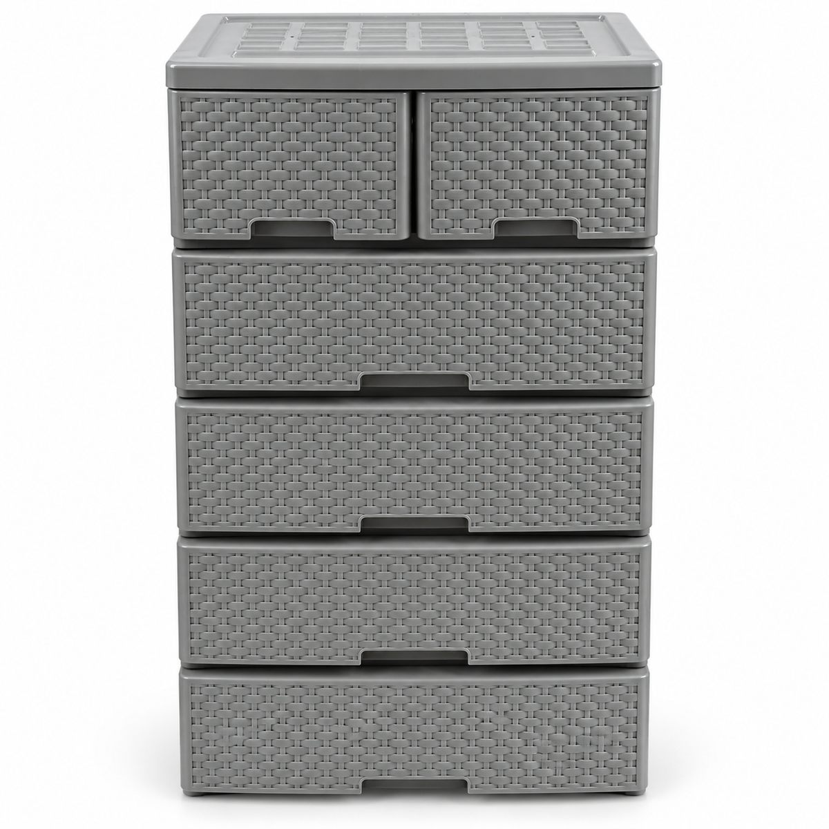 Grey six-drawer rattan-effect plastic cabinet, full front view