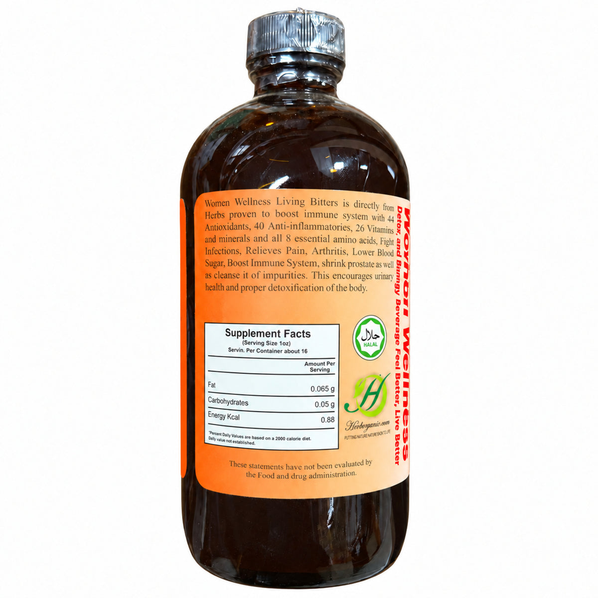 Herboganic Women Wellness Living Bitters – 16 oz – supplement facts and label