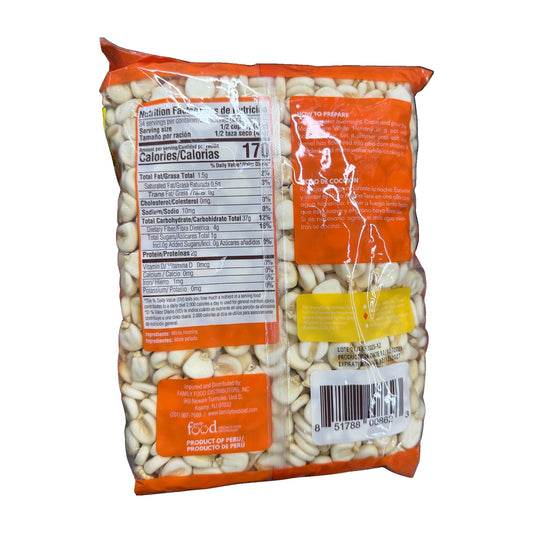Mama Tere White Hominy (Mote Pelado) – 54 oz back packaging with original ingredients, nutrition facts and barcode on white background