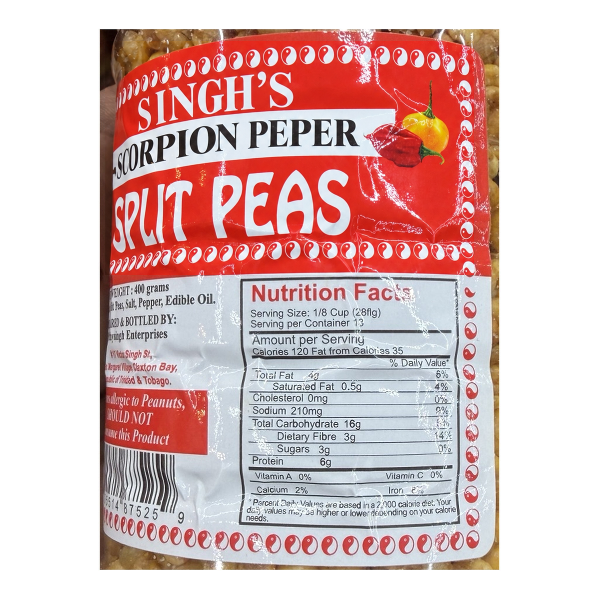 Singh’s Scorpion Pepper Split Peas 400 g nutrition label detail