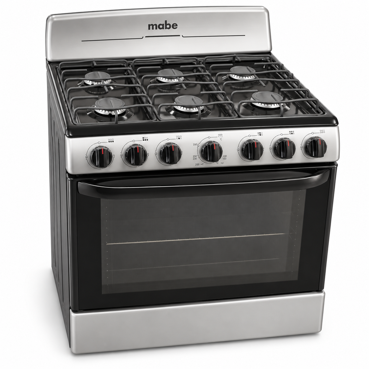 Mabe 30-inch six-burner gas range in silver and black