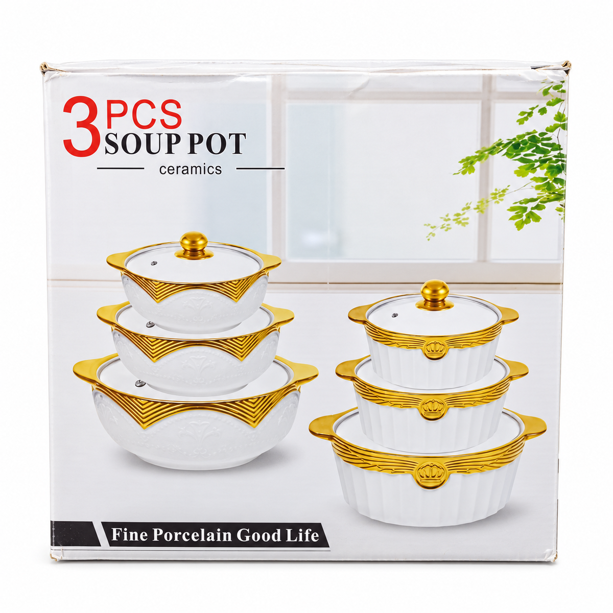 3-Piece Ceramic Covered Serving Bowl Set – White & Gold