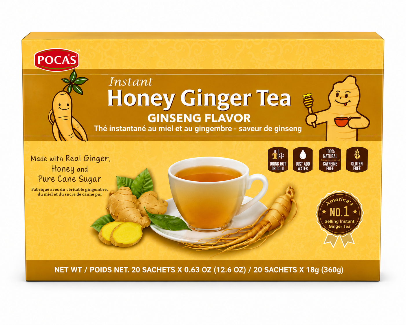 Pocas Instant Honey Ginger Tea Ginseng Flavor 20 Sachets