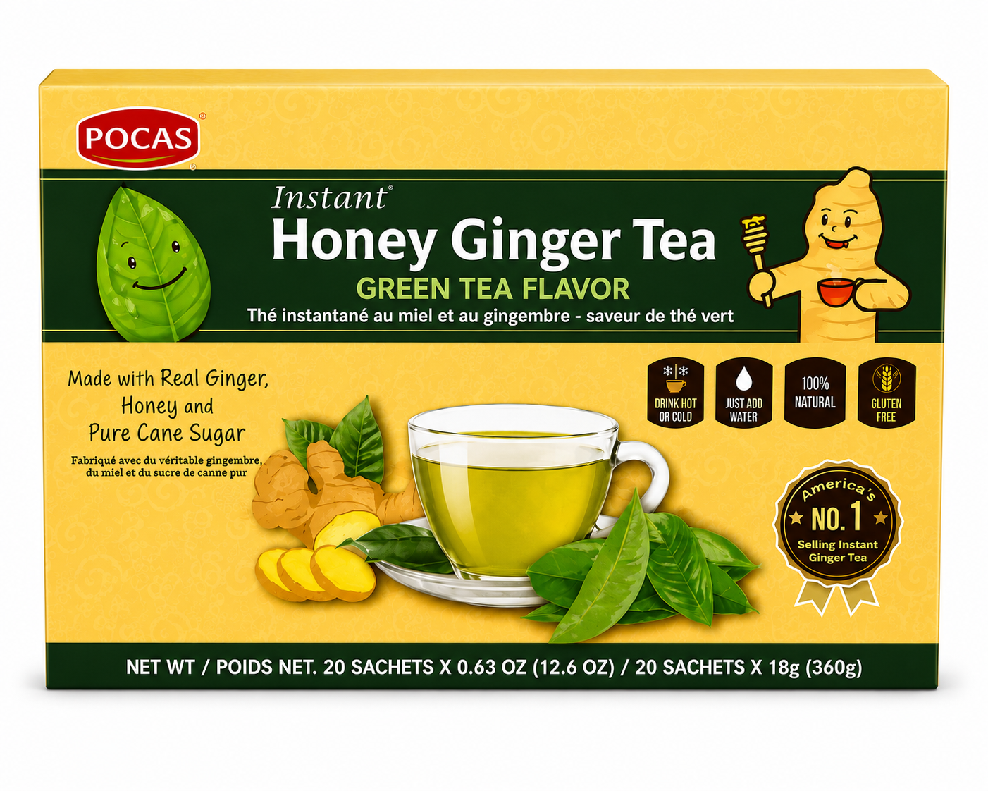 Pocas Instant Honey Ginger Tea Green Tea Flavor 20 Sachets