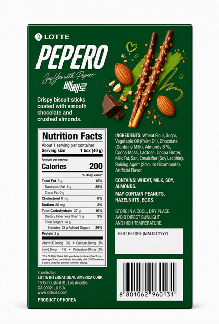 Lotte Pepero Almond & Chocolate Biscuit Sticks, 1.41 oz (40 g)