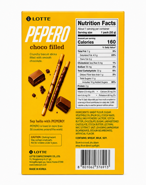 Lotte Pepero Choco Filled Biscuit Sticks, 1.13 oz (32 g)