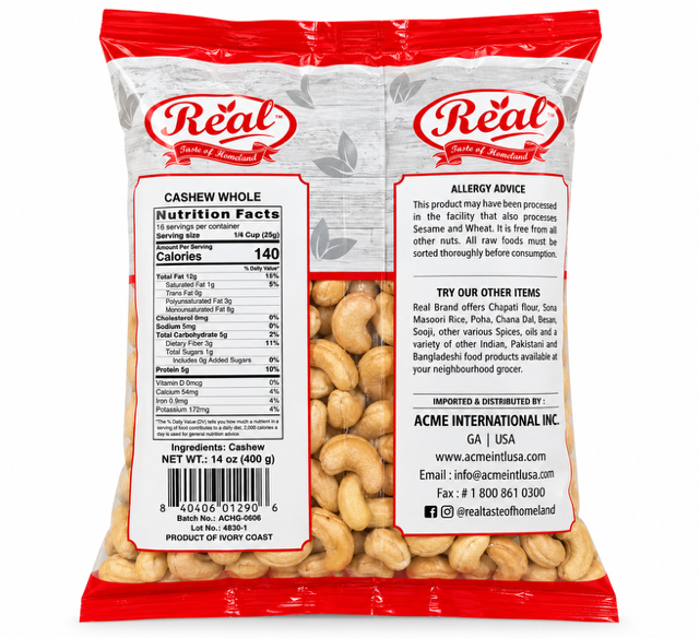 Real Whole Cashews, 400 g (14 oz)