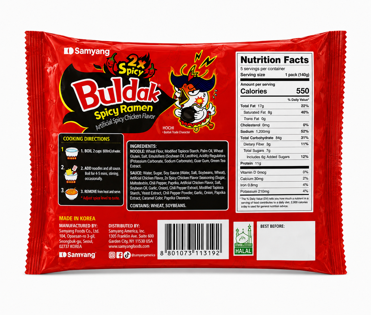 Samyang Buldak 2X Spicy Ramen, 5 Pack, 24.7 oz (700 g)
