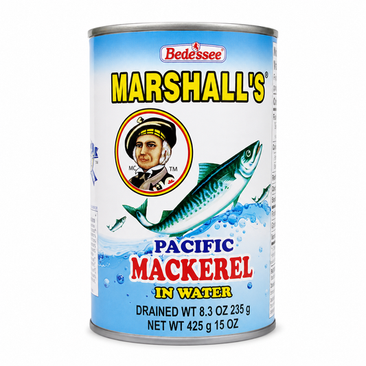 Bedessee Marshall's Pacific Mackerel in Water 15 oz product package on a white background