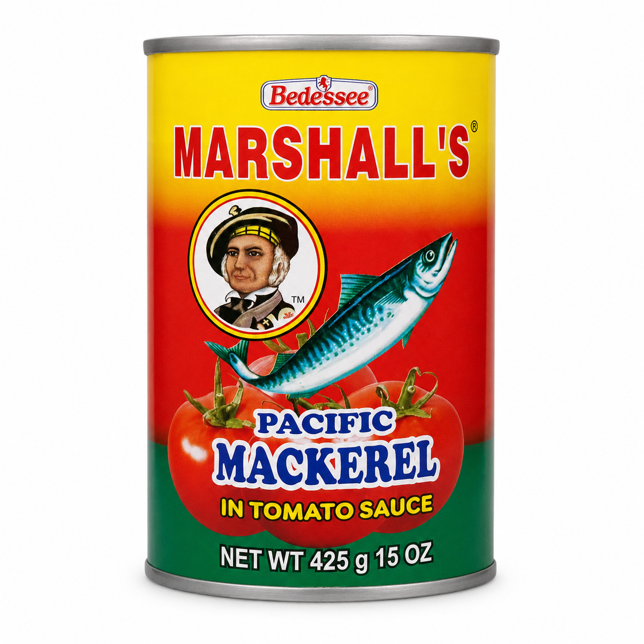Bedessee Marshall's Pacific Mackerel in Tomato Sauce 15 oz product package on a white background