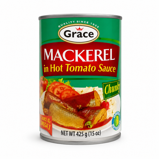 Grace Mackerel in Hot Tomato Sauce 15 oz product package on a white background