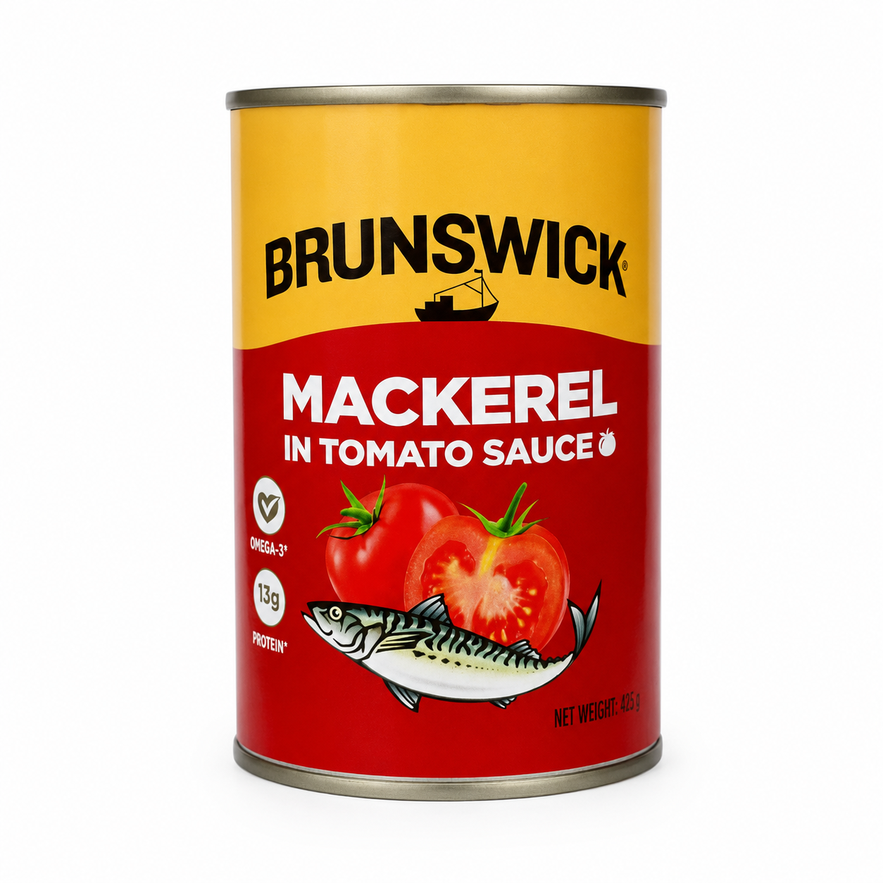 Brunswick Mackerel in Tomato Sauce product package on a white background