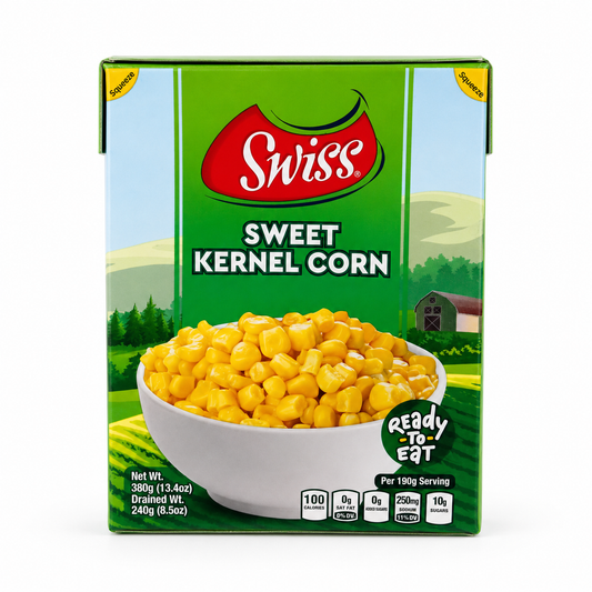 Swiss Sweet Kernel Corn 13.4 oz product package on a white background
