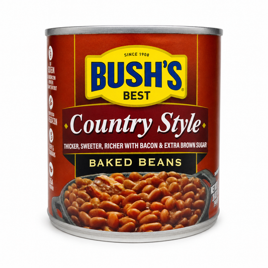 Bush's Best Country Style Baked Beans product package on a white background