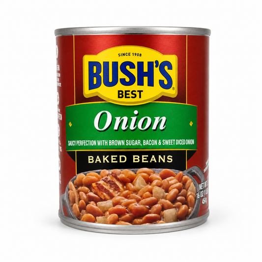 Bush's Best Onion Baked Beans product package on a white background