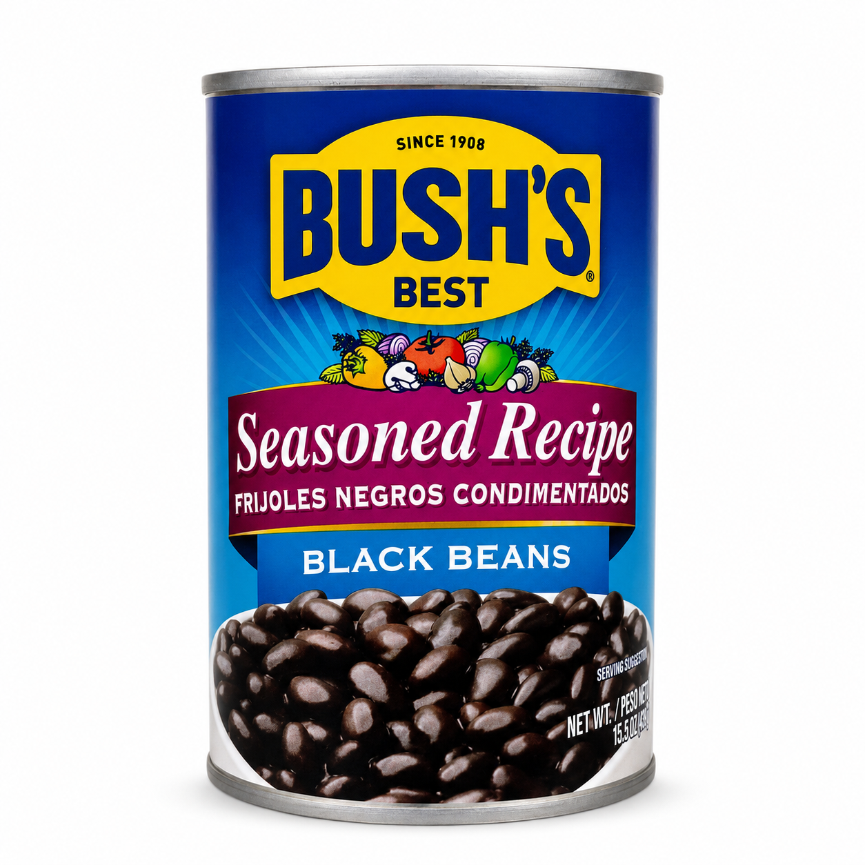 Bush's Best Seasoned Recipe Black Beans product package on a white background