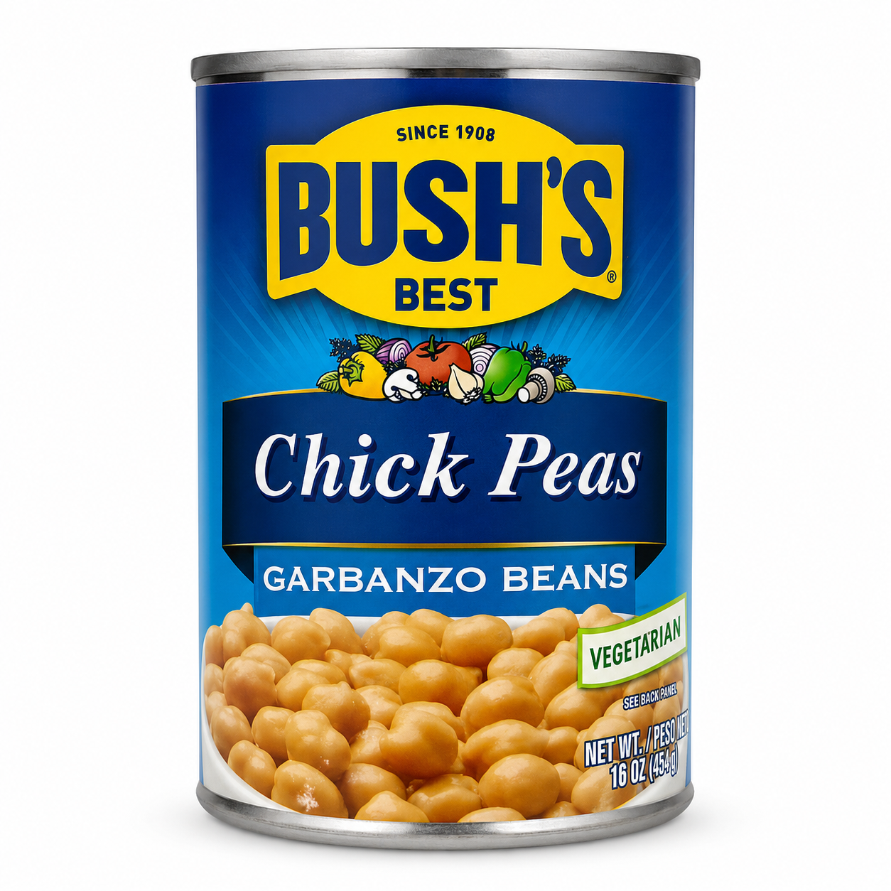 Bush's Best Chick Peas Garbanzo Beans product package on a white background