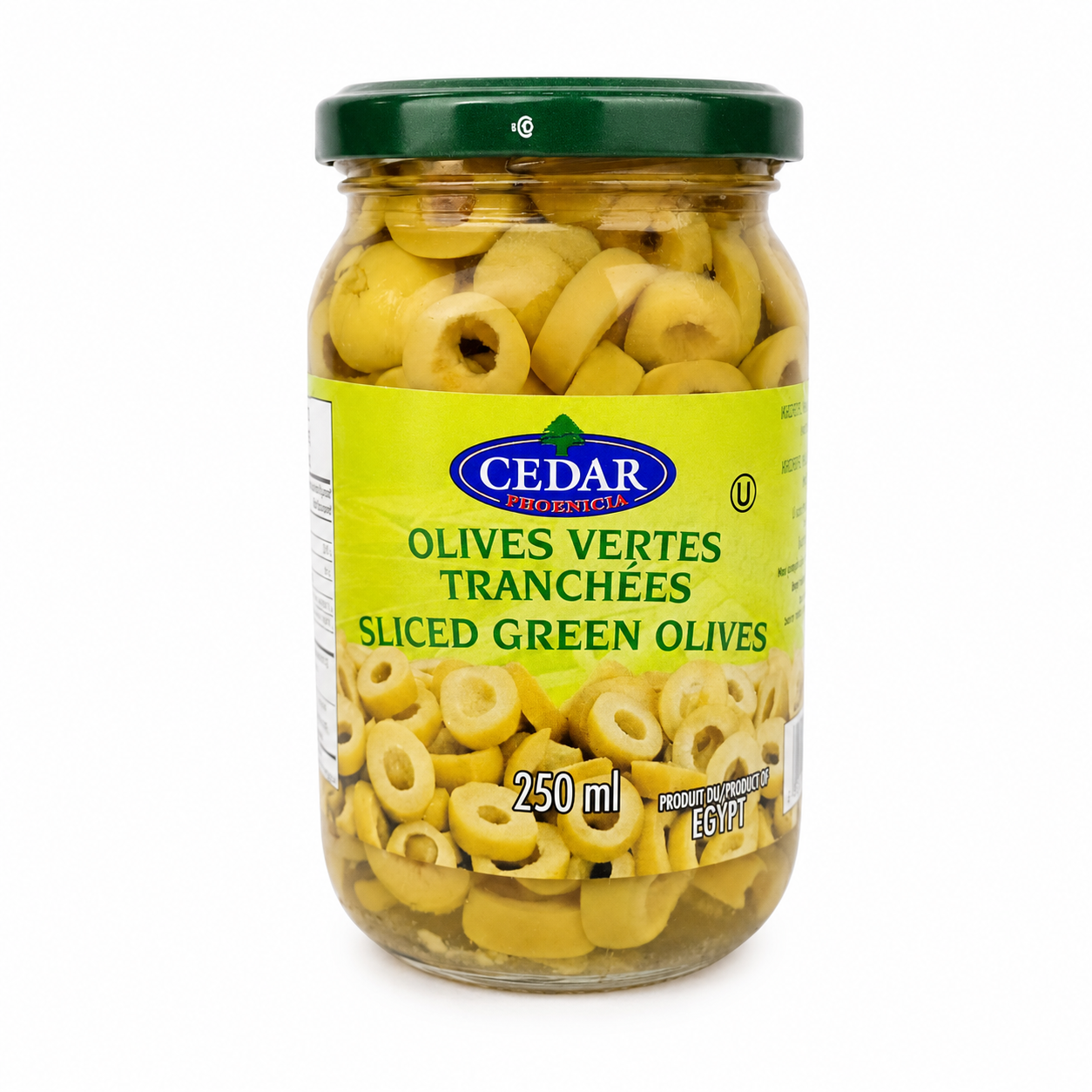 Cedar Sliced Green Olives 250 ml product package on a white background