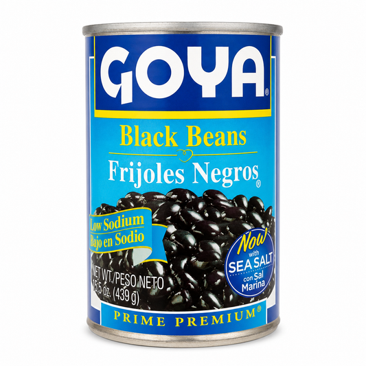 Goya Low Sodium Black Beans 15.5 oz product package on a white background