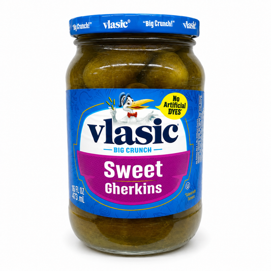 Vlasic Big Crunch Sweet Gherkins 16 oz product package on a white background