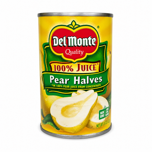 Del Monte Pear Halves in 100% Juice product package on a white background