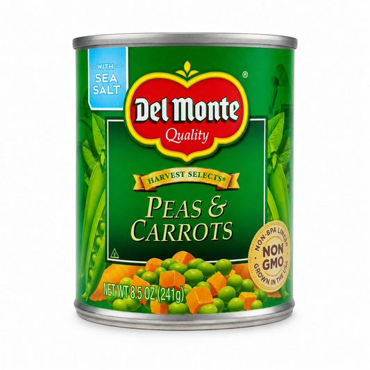 Del Monte Peas & Carrots 8.5 oz product package on a white background