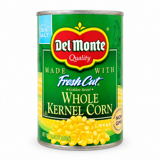 Del Monte Whole Kernel Corn product package on a white background