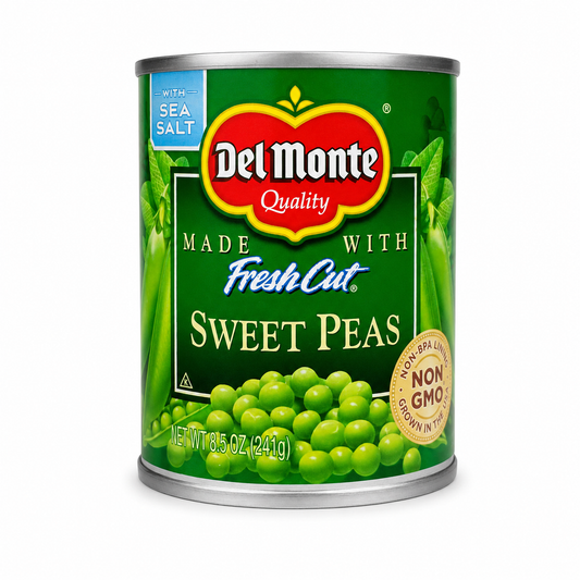 Del Monte Fresh Cut Sweet Peas 8.5 oz product package on a white background