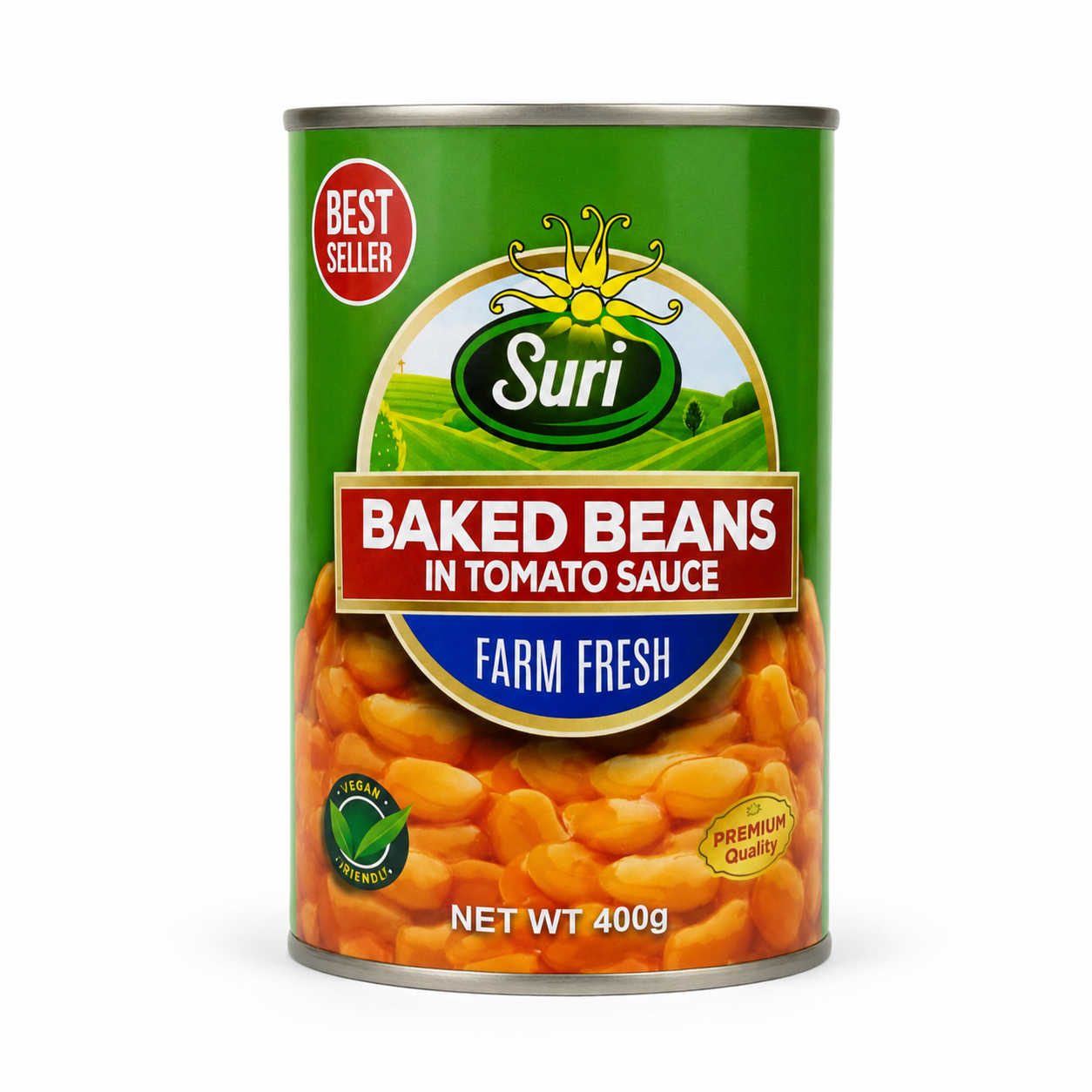 Suri Baked Beans in Tomato Sauce 400 g product package on a white background