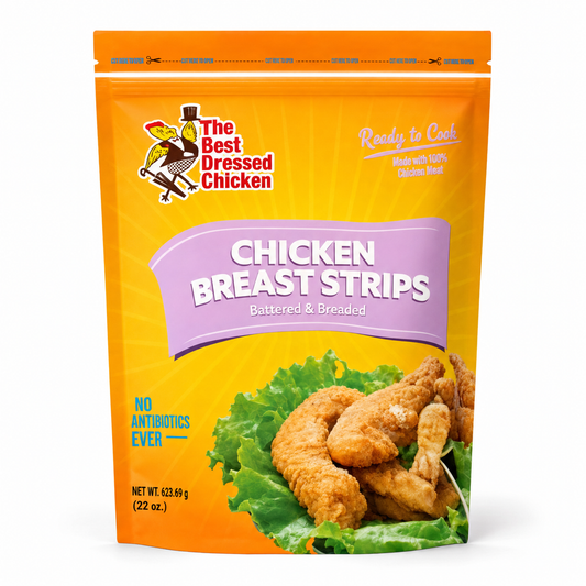 The Best Dressed Chicken Breast Strips 22 oz product package on white background