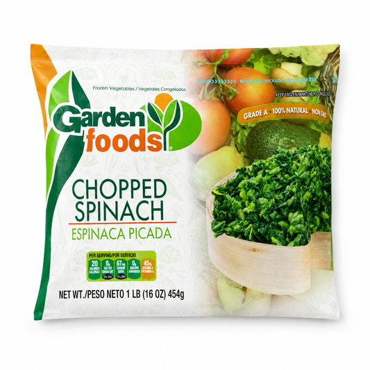 Garden Foods Chopped Spinach 1 lb product package on white background