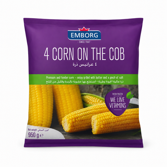 Emborg 4 Corn on the Cob 950g product package on white background