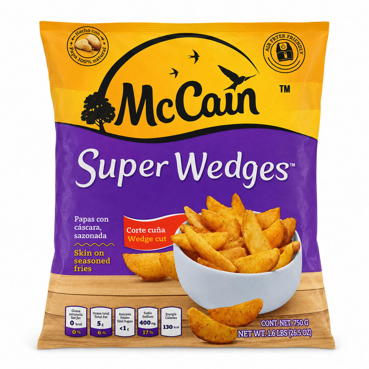 McCain Super Wedges Skin-On Seasoned Fries 750g product package on white background