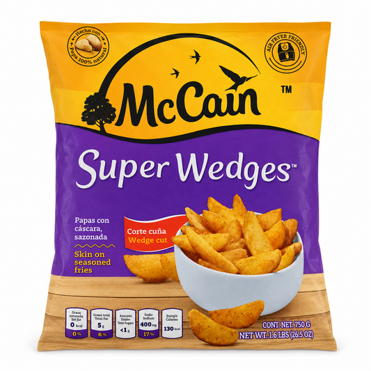 McCain Super Wedges Skin-On Seasoned Fries 750g product package on white background