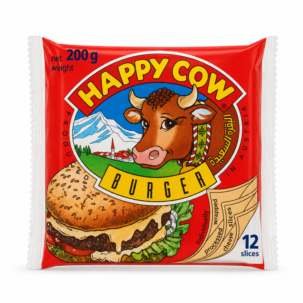 Happy Cow Burger Cheese Slices 12 Count 200g product package on white background