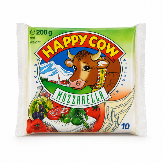 Happy Cow Mozzarella Cheese Slices 10 Count 200g product package on white background